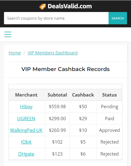 Cashback Records Example