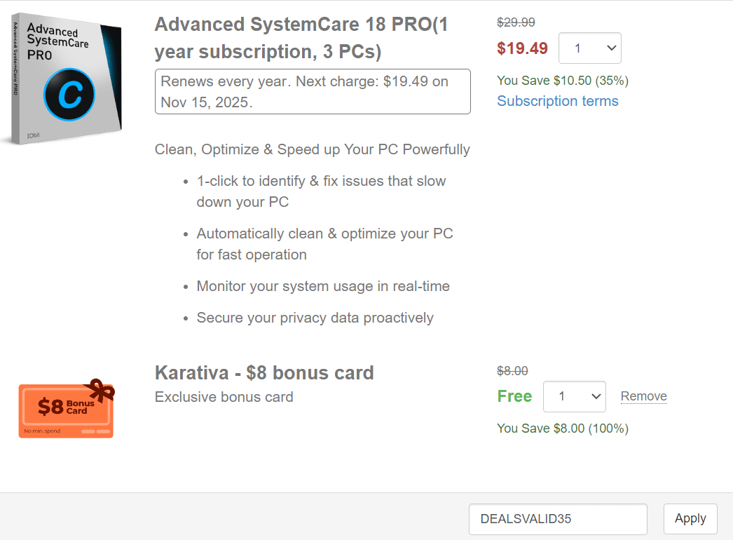 35% Off Advanced SystemCare Pro Coupon Code: DEALSVALID35