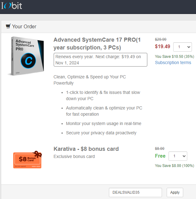 35% Off Advanced SystemCare Pro Coupon Code: DEALSVALID35