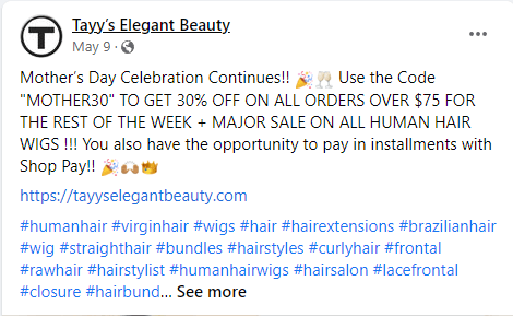 Tayy’s Elegant Beauty 30% Off Coupon Code for Mother's Day 2022 on Facebook