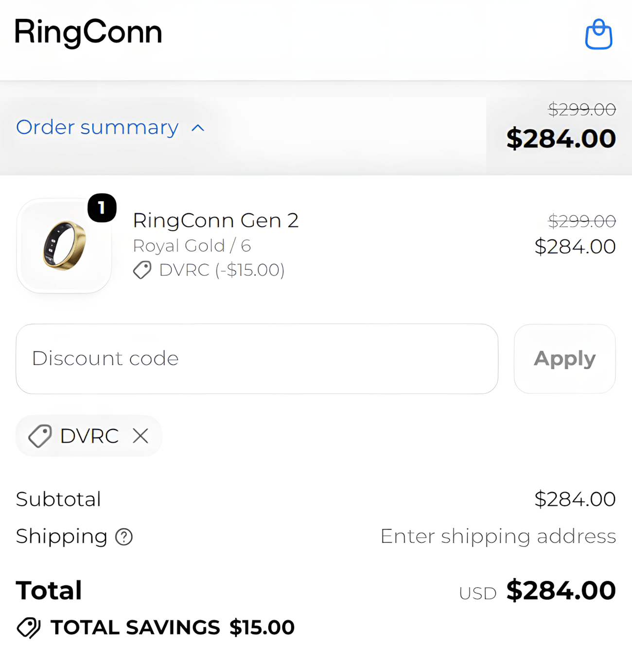 RingConn Gen 2 Royal Gold checkout showing a $15 discount with code DVRC RingConn Gen 2 Royal Gold checkout showing a $15 discount with code DVRC
