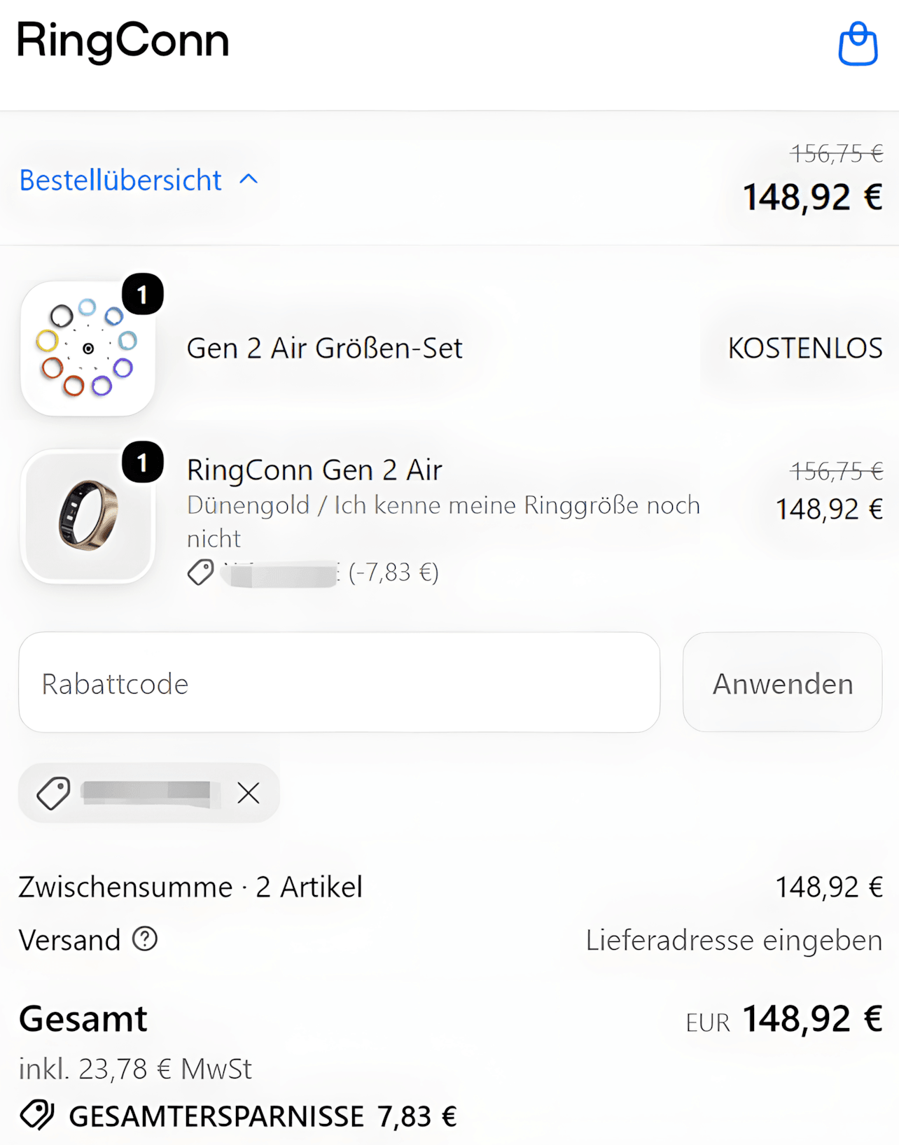 5% RingConn Gen 2 Air Rabattcode im Checkout erfolgreich verifiziert