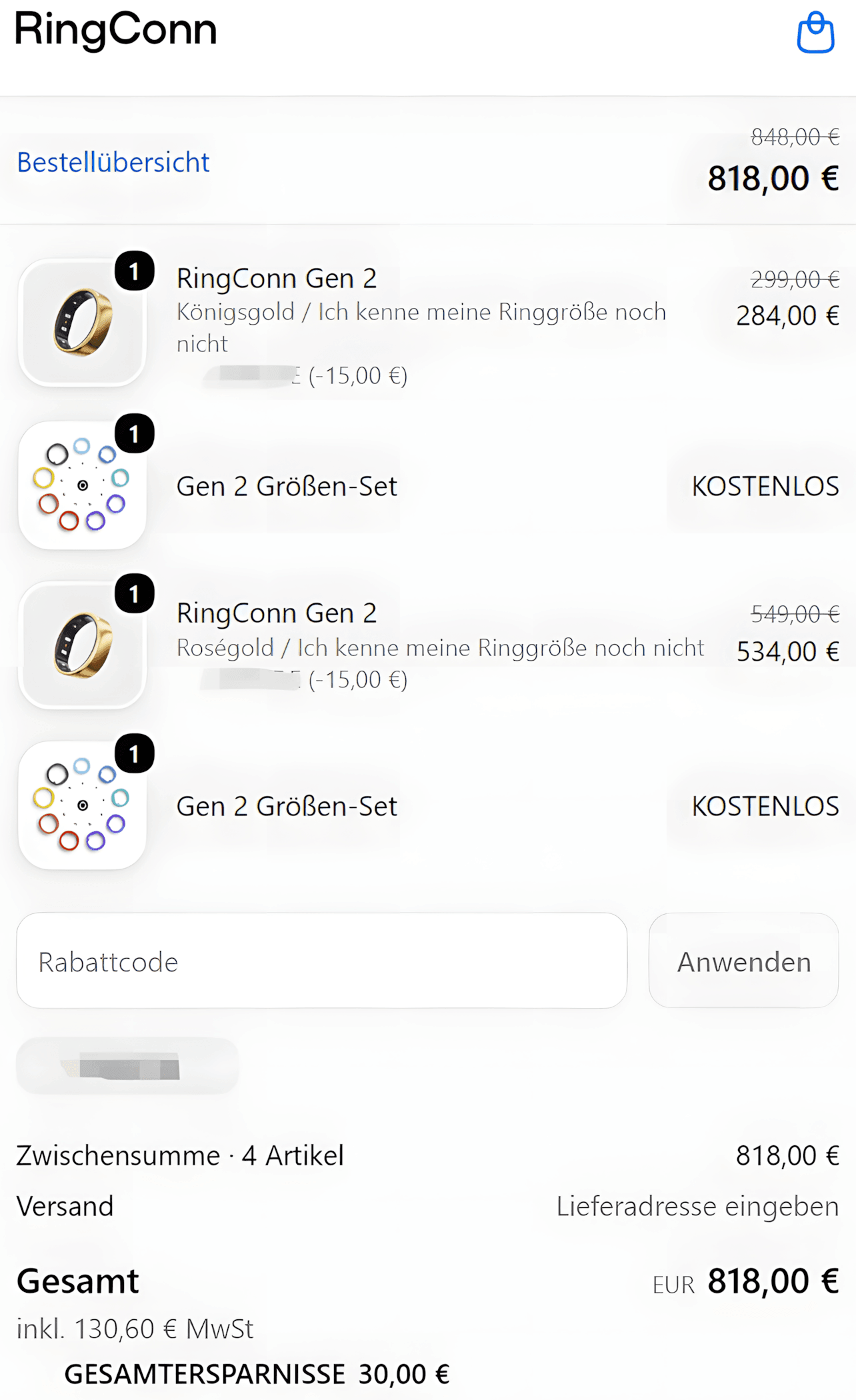 15 &euro; RingConn Gen 2 Rabattcode im Checkout erfolgreich verifiziert