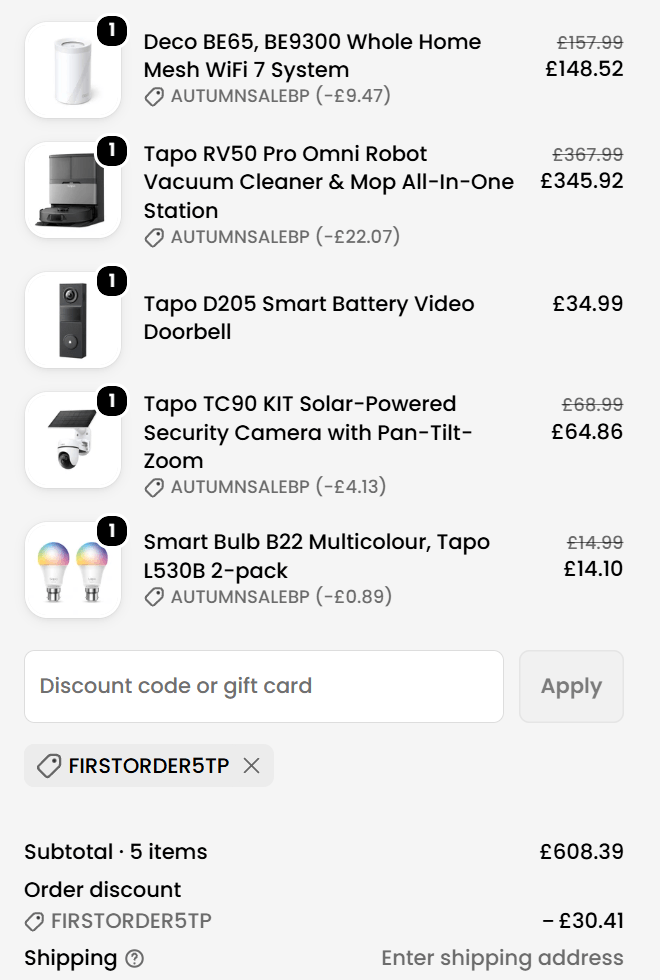 Tapo UK coupon code FIRSTORDER5TP verified at checkout with 5% discount Tapo UK coupon code FIRSTORDER5TP verified at checkout with 5% discount