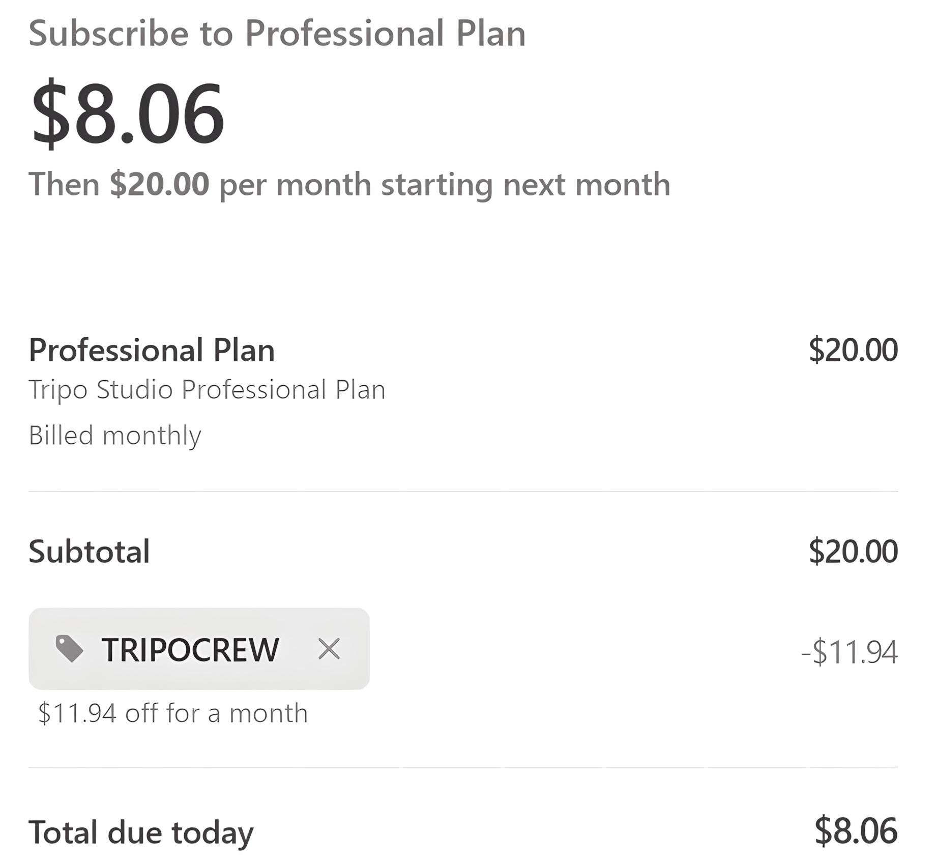 $11.94 Off Tripo AI Studio Professional Plan Coupon Code Verified $11.94 Off Tripo AI Studio Professional Plan Coupon Code Verified