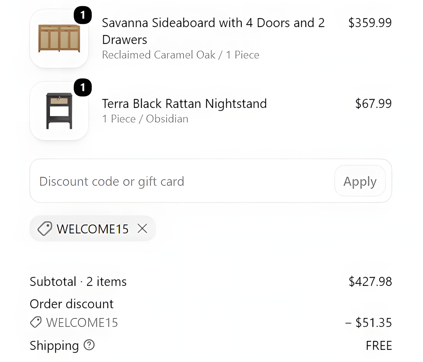Sicotas checkout showing WELCOME15 applying a 12% discount