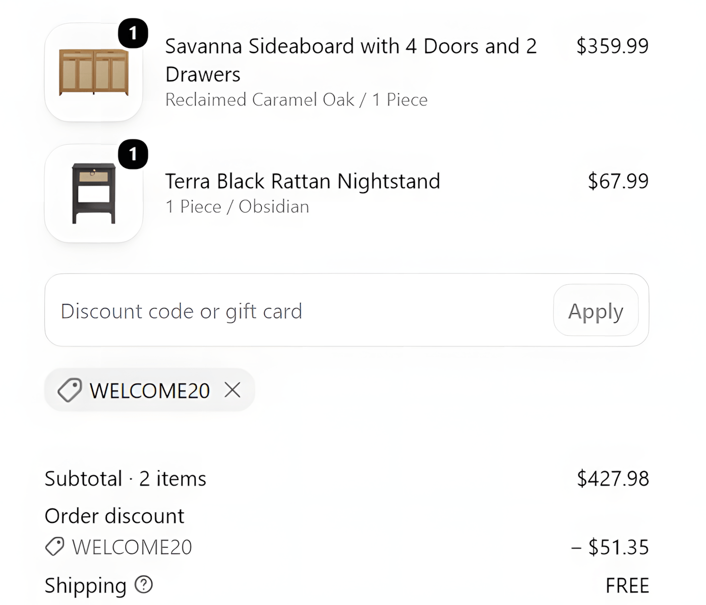 Sicotas checkout showing WELCOME20 applying a 12% discount
