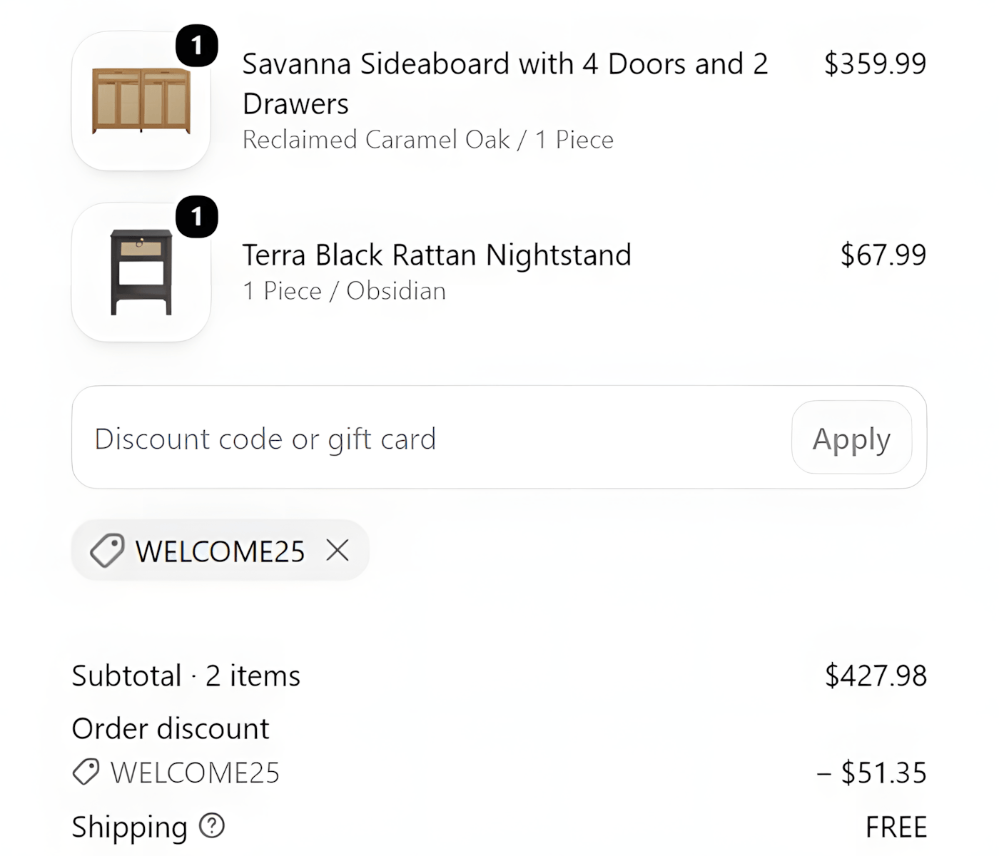 Sicotas checkout showing WELCOME25 applying a 12% discount